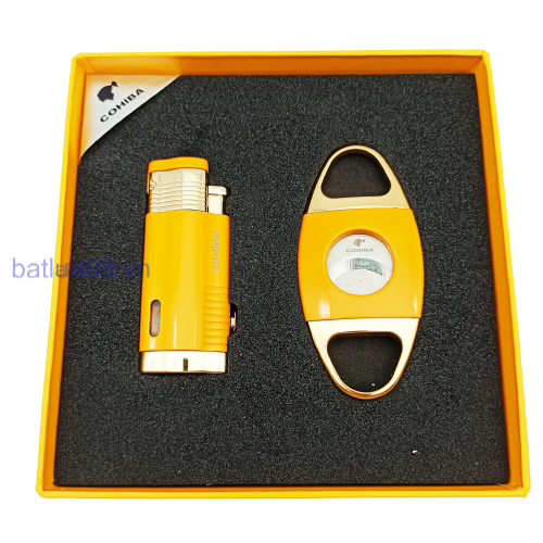 BỘ BẬT LỬA KHÒ XÌ GÀ 3 TIA + DAO CẮT ( CIGAR ) COHIBA CÁC MẦU BKD-07