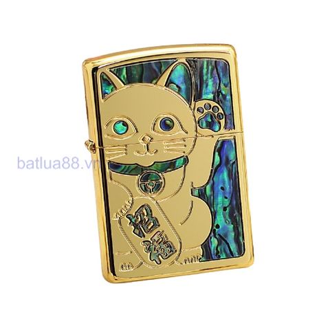 BẬT LỬA ZIPPO USA XUẤT NHẬT KHẢM XÀ CỪ MÈO CHIÊU TÀI MAY MẮN MẠ VÀNG BÓNG NỀN XANH  - ZN94