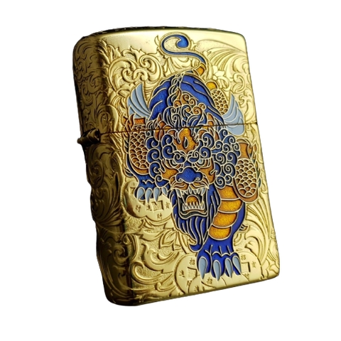 BẬT LỬA ZIPPO MẠ VÀNG BẢN AMOR VỎ DÀY KỲ LÂN TÀI LỘC MAY MẮN TRÊN NỀN HOA VĂN KÍN 5 MẶT - ZN106