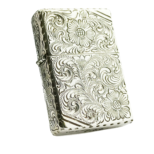 BẬT LỬA ZIPPO BẠC ĐÚC NGUYÊN KHỐI STERLING KHẮC THỦ CÔNG SỦI TAY HOA VĂN KÍN 5 MẶT SẢN XUẤT NĂM 1997 - ZBU50