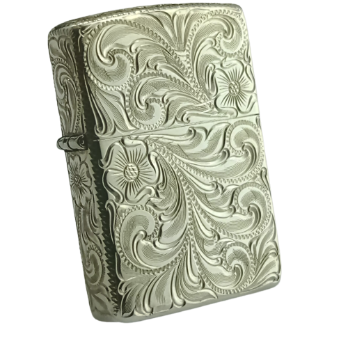 BẬT LỬA ZIPPO BẠC ĐÚC NGUYÊN KHỐI STERLING KHẮC THỦ CÔNG SỦI TAY HOA VĂN KÍN 5 MẶT SẢN XUẤT NĂM 2001 - ZBU58