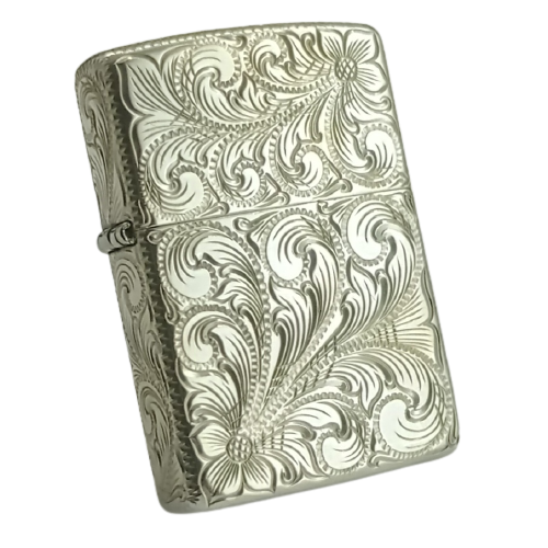 BẬT LỬA ZIPPO BẠC ĐÚC NGUYÊN KHỐI STERLING KHẮC THỦ CÔNG SỦI TAY HOA VĂN KÍN 5 MẶT SẢN XUẤT NĂM 2003 - ZBU57
