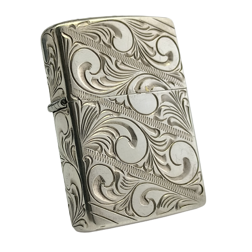 BẬT LỬA ZIPPO BẠC ĐÚC NGUYÊN KHỐI STERLING SỦI TAY HOA VĂN THỦ CÔNG NĂM 1992 ZBU67