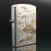BẬT LỬA BẠC ĐÚC NGUYÊN KHỐI STERLING 950 KHẢM TAM KHÍ NÚI PHÚ SĨ ĐỒNG QUÊ CỰC HIẾM SX THẬP NIÊN 1950S ZBU73