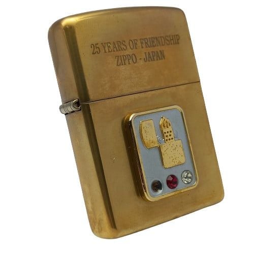 Bật Lửa Zippo Đồng Khối Kỷ Niệm 25th Zippo - Japan Emblem Đính Đá Phủ Men Mạ Vàng Năm 1994 Đời X La Mã  ZL340