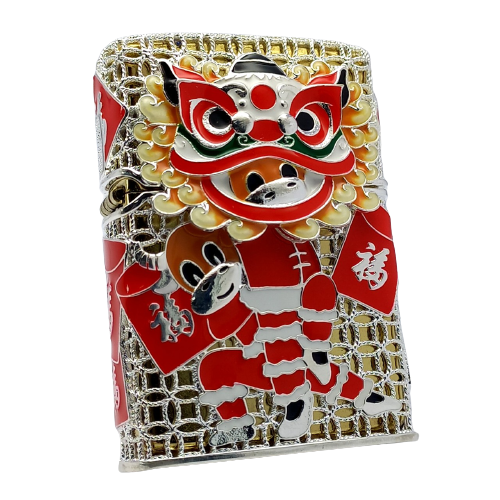 Bật Lửa Zippo Bọc Lưới Bạch Kim Ốp Chủ Đề Múa Lân Bản Giới Hạn /9999 cây ZN138