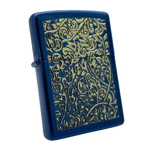 Bật Lửa Zippo Đồng Khối Phủ Saphia Xanh Blue Hoa Văn Dát Vàng Chính Hãng Năm 2002 ZL472