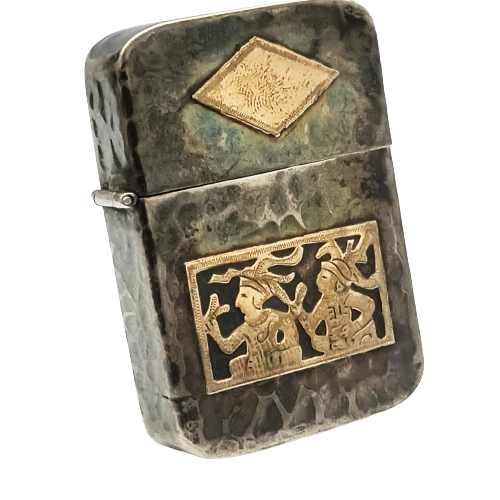 BẬT LỬA CỔ BẠC QUATEMALA NGUYÊN KHỐI STERLING GÕ BÚA, HỌA TIẾT VÀNG NGUYÊN KHỐI 14K, LÀM THỦ CÔNG CỰC HIẾM GẶP SX THẬP NIÊN 1950S ZBU118