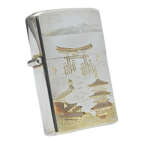 BẬT LỬA BẠC NHẬT KHẢM TAM KHÍ ĐÚC NGUYÊN KHỐI STERLING 950 KHẮC THỦ CÔNG HOA VĂN CỰC HIẾM SX THẬP NIÊN 1940S BK33