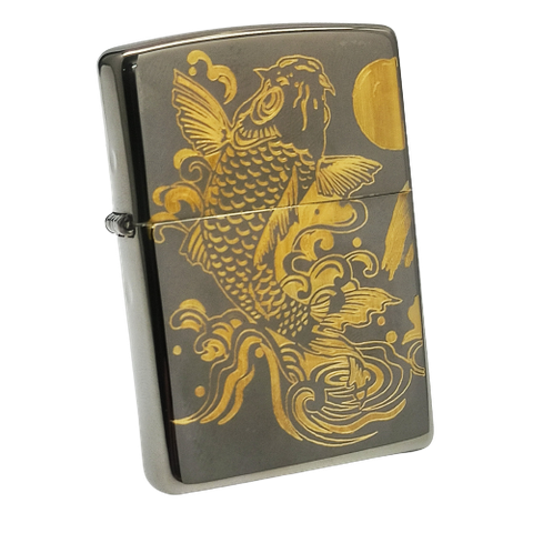 Bật Lửa Zippo Đen Bóng Khắc Cá Chép Hoa Rồng Mạ Vàng - Zippo black ice ZKC62