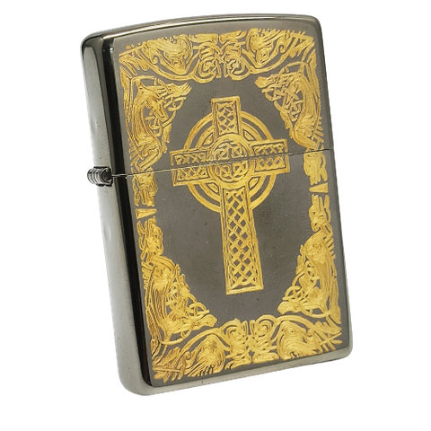 Bật Lửa Zippo Đen Bóng Khắc Chữ Thập Hoa Văn Mạ Vàng - Zippo black ice ZKC63