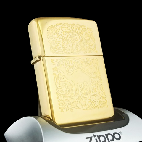 Bật Lửa Zippo Mạ Vàng Gold Plated Chủ Đề Camel Hoa Văn Hiếm Gặp Đời XII La Mã SX Năm 1996 ZL625