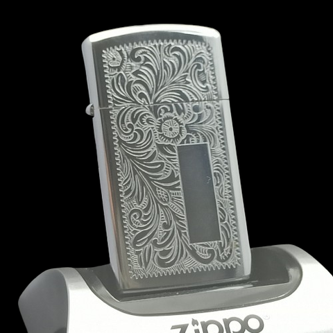 Bật Lửa Zippo Cổ Slim Đồng Khối Mạ Chrome Venetian Năm 1975 Đời 7 Vạch Sắc ZC201