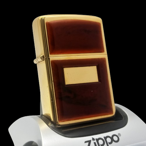 Bật Lửa Zippo Mạ Vàng Gold Plated Ốp Hổ Phách Hiếm Gặp Đời 1 Vạch Sắc Năm 1980 ZQH168