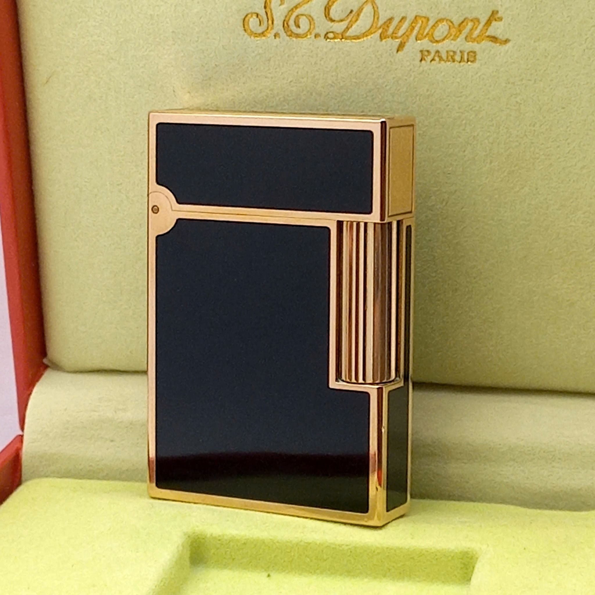 Bật Lửa Duponr 2 Ligne Phom Thấp Bọc Vàng Hồng Men Đen DP143