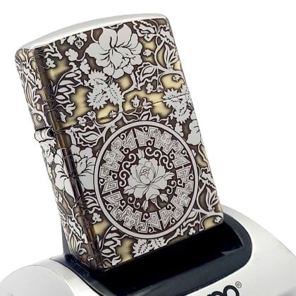 Bật Lửa Zippo Đồng Mạ Chrome Armor Vỏ Dầy Khắc Chủ Đề Hoa Mẫu Đơn May Mắn Tài Lộc ZKC66