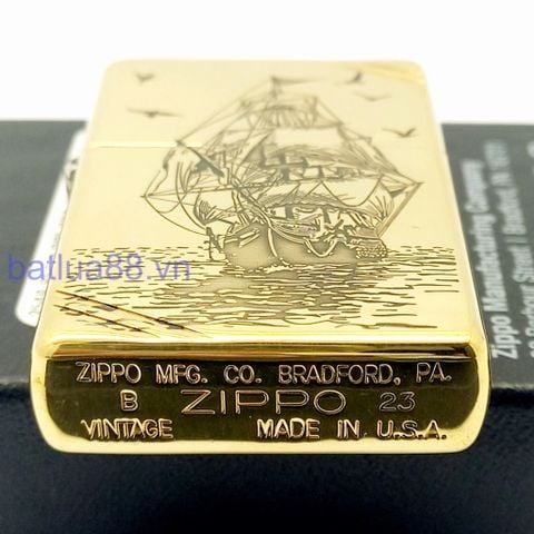 Bật Lửa Zippo Đồng Khối Vintage Chặt Góc Khắc Chủ Đề Thuận Buồm Xuôi Gió May Mắn ZKB122
