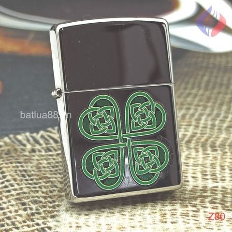 BẬT LỬA ZIPPO CHROME BÓNG HOA VĂN SƠN HẤP NHIỆT CHỦ ĐỀ CỎ 4 LÁ NĂM 2015 Z80