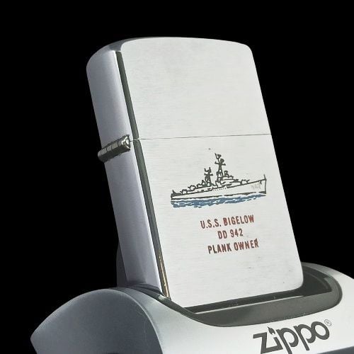 Bật Lửa Zippo Cổ Đồng Khối Mạ Chrome Phay Xước Khắc Ắn Mòn Chủ Đề Tầu Chiến Nguyên Zin Chính Hãng Cực Hiếm, Đời 8 Chấm Năm 1958 ZC192