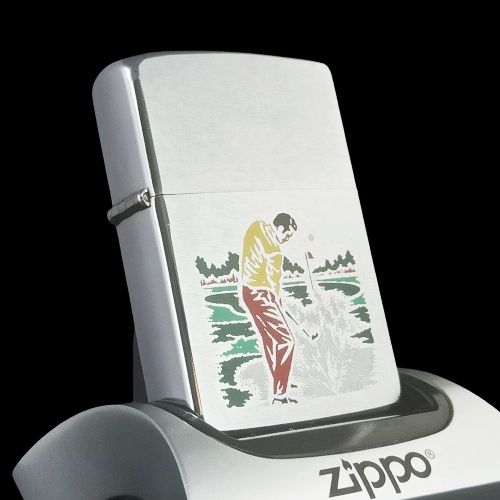 Bật Lửa Zippo Cổ Đồng Khối Mạ Chrome Phay Xước Khắc Ăn Mòn Phủ Sơn Golf Hiếm Gặp Năm 1980 Đời 2 Vạch Sắc ZC299