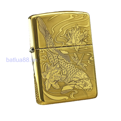 BẬT LỬA ZIPPO BRASS ĐỒNG KHỐI CÁ CHÉP ĐẦM SEN KHẮC 2 MẶT BẢN AMOR - ZKB67