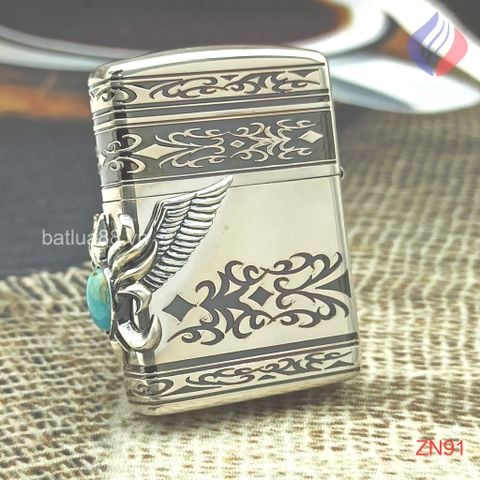 BẬT LỬA ZIPPO XUẤT NHẬT HOA VĂN ĐÍNH ĐÁ NGỌC LAM MAY MẮN BẢN A MOR NĂM 2016 - ZN91