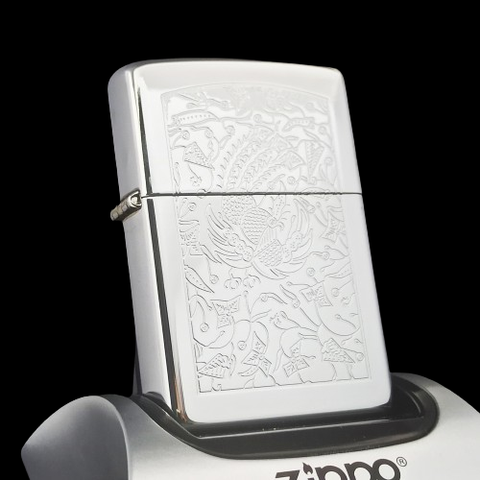 Bật Lửa Zippo Đồng Khối Mạ Chrome Bóng Khắc Ăn Mòn Chủ Đề Phượng Hoa Văn, Bản Xuất Thị Trường Châu Âu Cực Hiếm Đời XVI Năm 2000 ZQH90