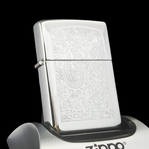 Bật Lửa Zippo Đồng Khối Mạ Chrome Bóng Khắc Ăn Mòn Chủ Đề Rồng Hoa Văn, Bản Xuất Thị Trường Châu Âu Cực Hiếm Đời XVI Năm 2000 ZQH91