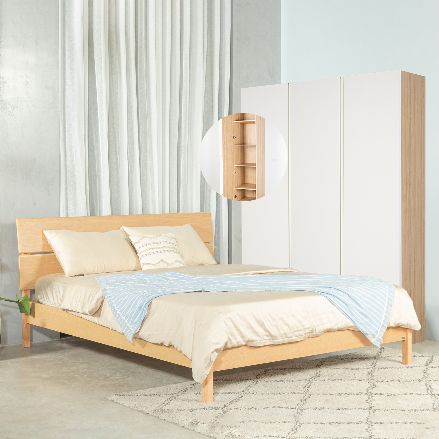  Combo Giường Ngủ MOHO VLINE & Tủ Quần Áo MOHO VIENNA 1m5 Màu Gỗ Tự Nhiên 