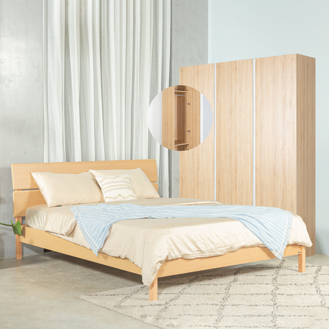  Combo Giường Ngủ MOHO VLINE & Tủ Quần Áo MOHO VIENNA 1m5 Màu Gỗ Tự Nhiên 