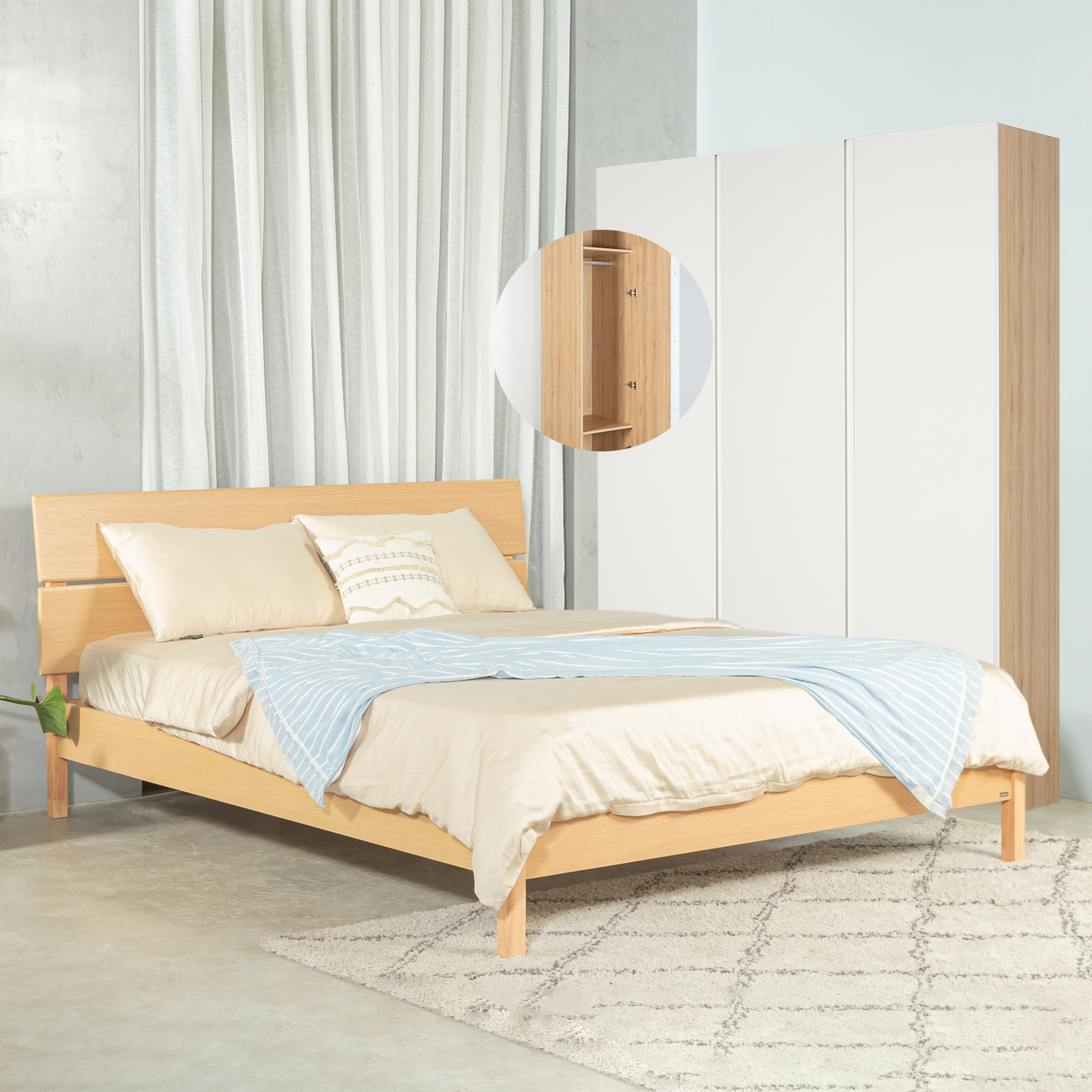  Combo Giường Ngủ MOHO VLINE & Tủ Quần Áo MOHO VIENNA 1m5 Màu Gỗ Tự Nhiên 