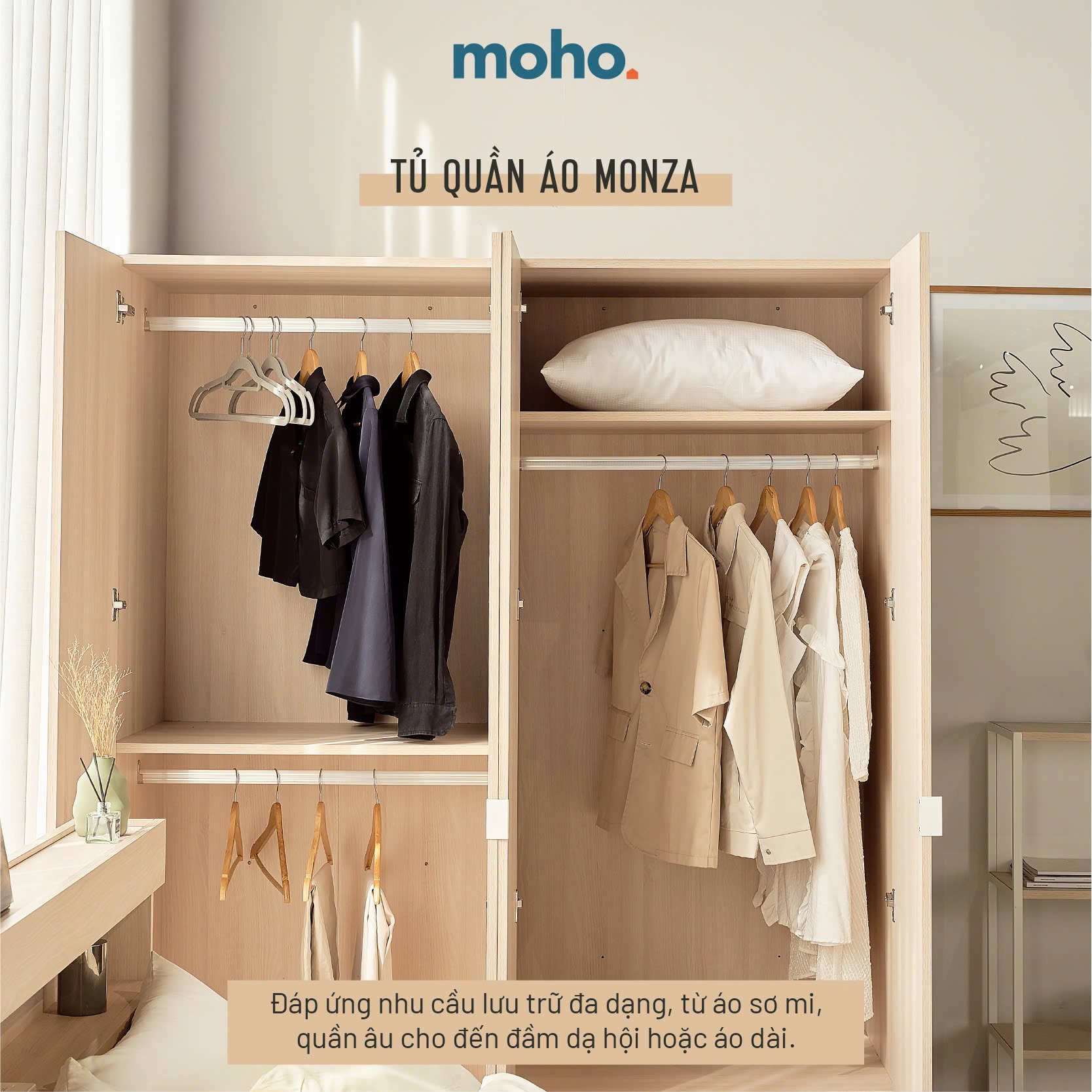  Tủ Quần Áo Gỗ MOHO MONZA 4 Cánh 1m6 