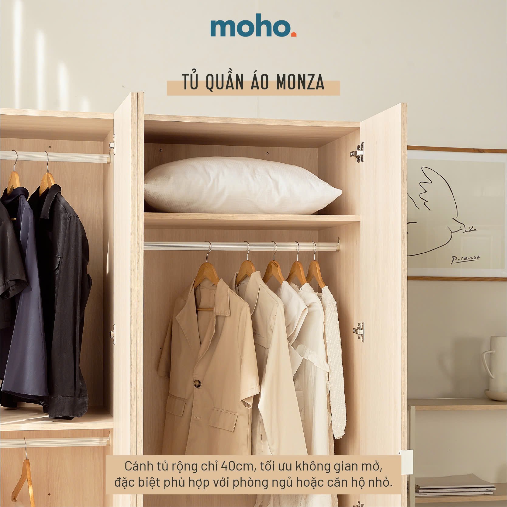  Tủ Quần Áo Gỗ 1m6 MOHO MONZA 4 Cánh 