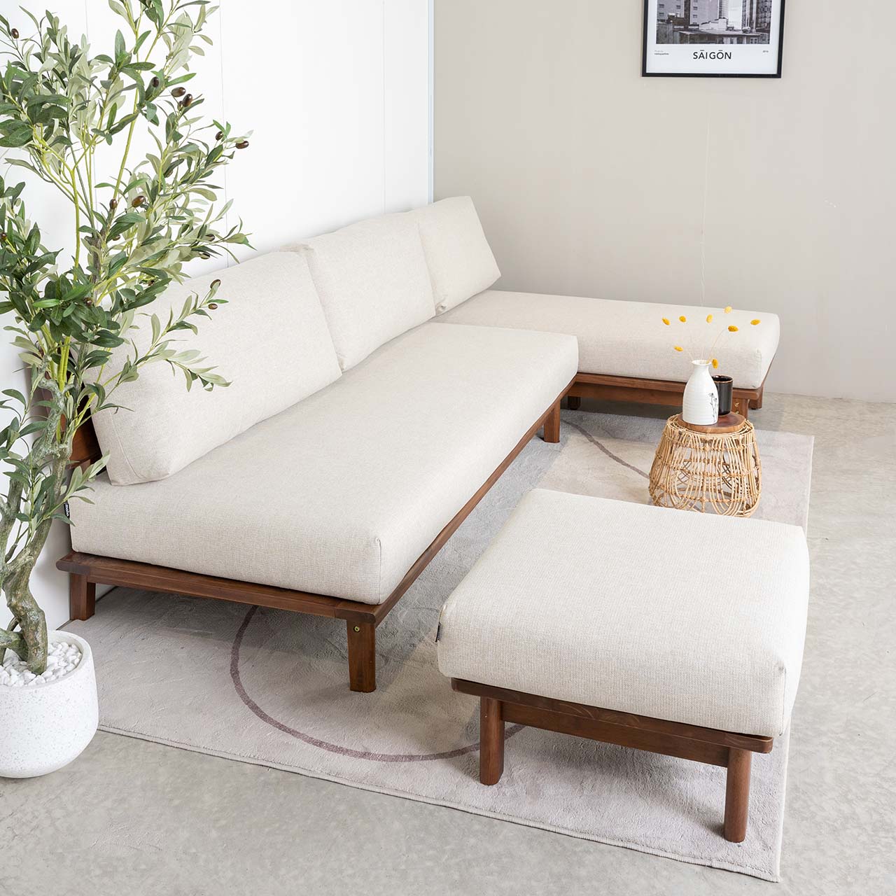  Ghế Sofa Góc Chữ L Gỗ Cao Su Tự Nhiên MOHO VLINE 601 Kèm Đôn 