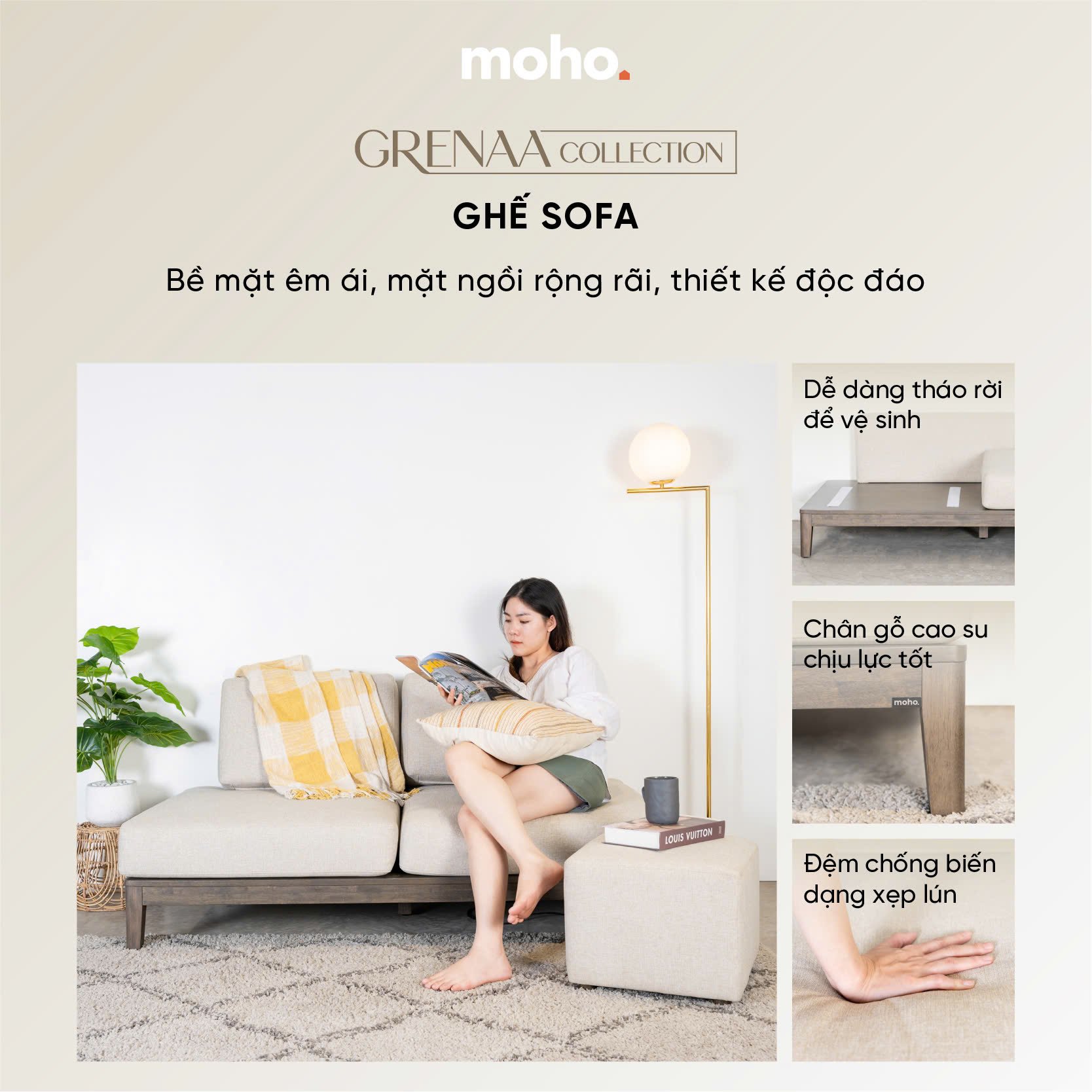  Ghế Sofa Gỗ Cao Su Tự Nhiên MOHO GRENAA 201 