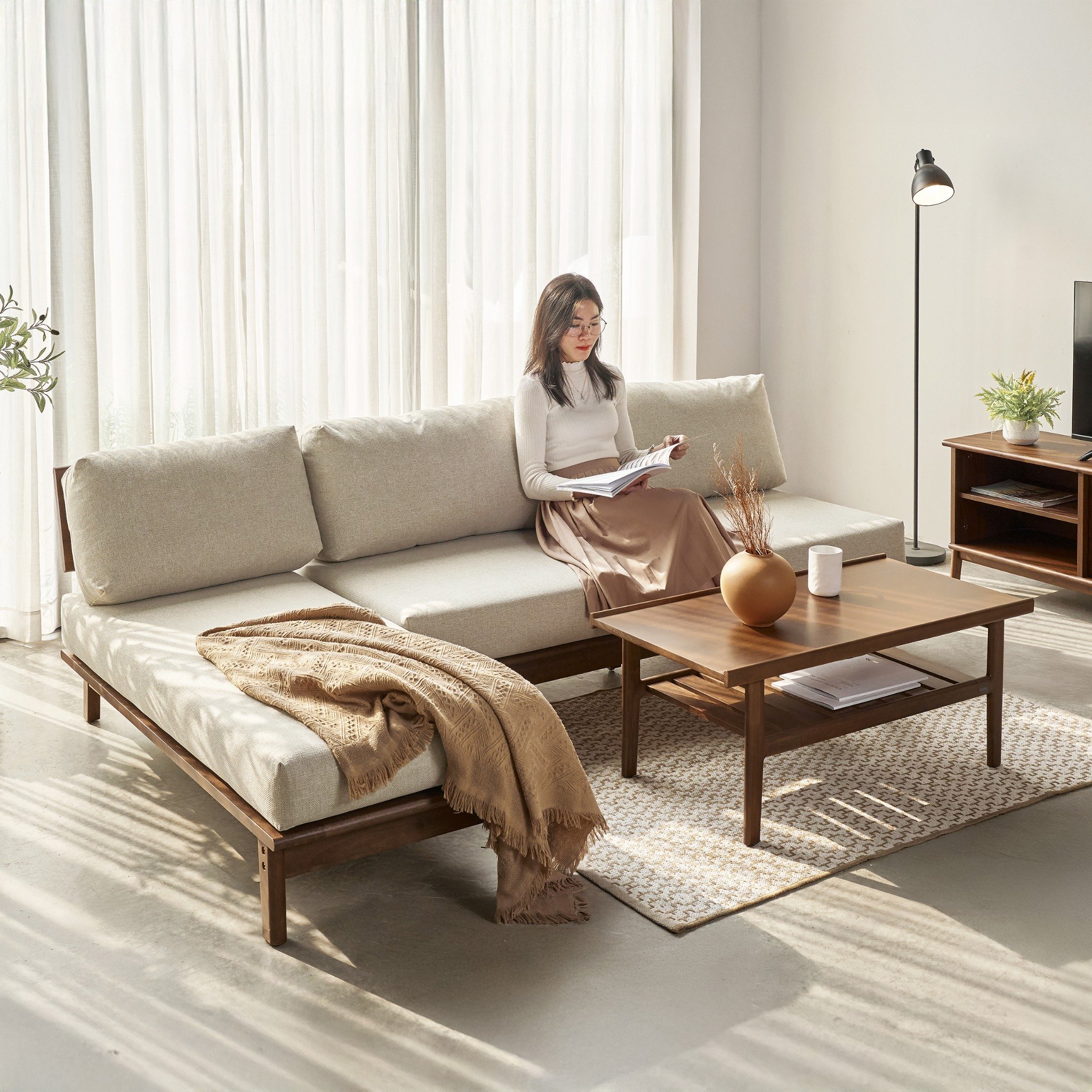  Ghế Sofa Góc Chữ L Gỗ Cao Su Tự Nhiên MOHO VLINE 601 