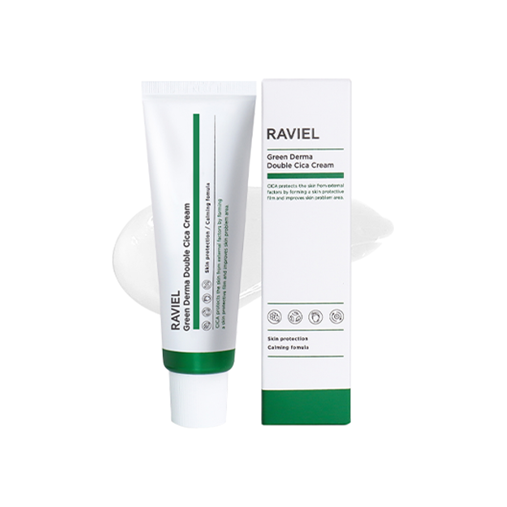 Kem làm dịu và phục hồi da mụn RAVIEL Green Derma Double Cica Cream Skin Protection Calming Fomula 50ml