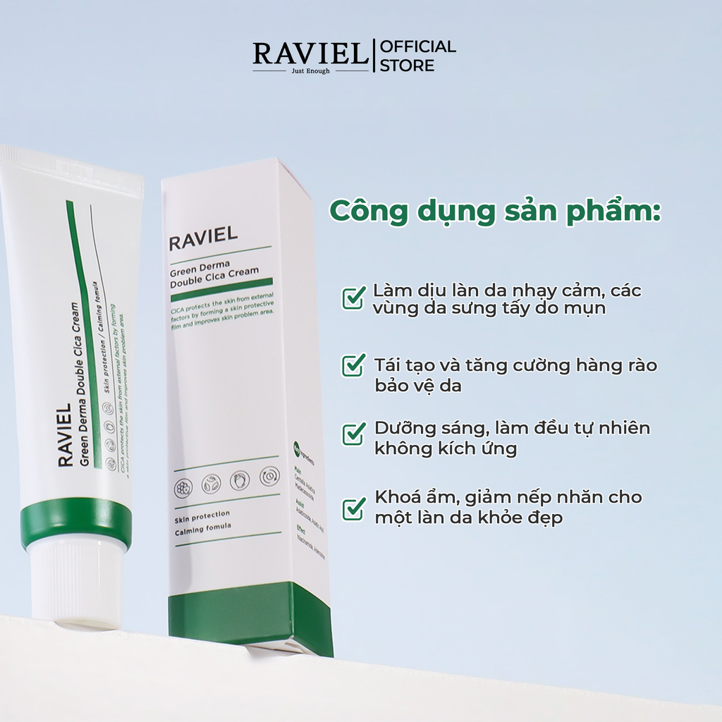 Kem làm dịu và phục hồi da mụn RAVIEL Green Derma Double Cica Cream Skin Protection Calming Fomula 50ml