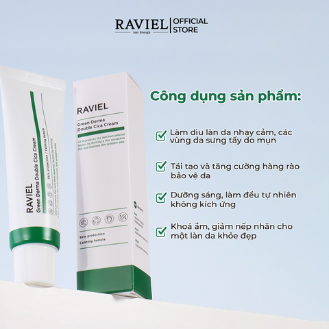 Kem làm dịu và phục hồi da mụn RAVIEL Green Derma Double Cica Cream Skin Protection Calming Fomula 50ml