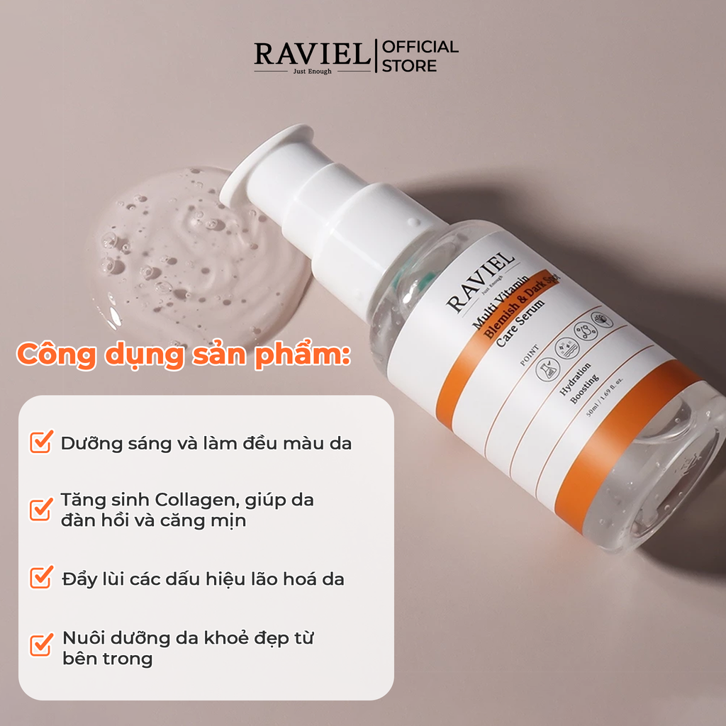 Tinh chất dưỡng sáng, căng bóng da RAVIEL Multi Vitamin Blemish & Dark Spot Care Serum Hydration Boosting 50ml