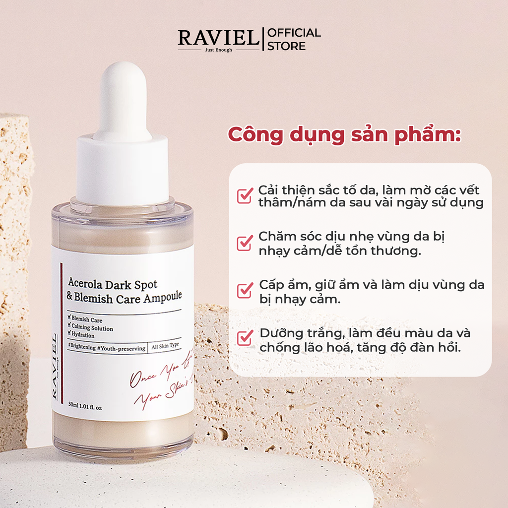 Tinh chất dưỡng trắng trị thâm nám và tái tạo da RAVIEL Acerola Dark Spot & Blemish Care Ampoule 30ml