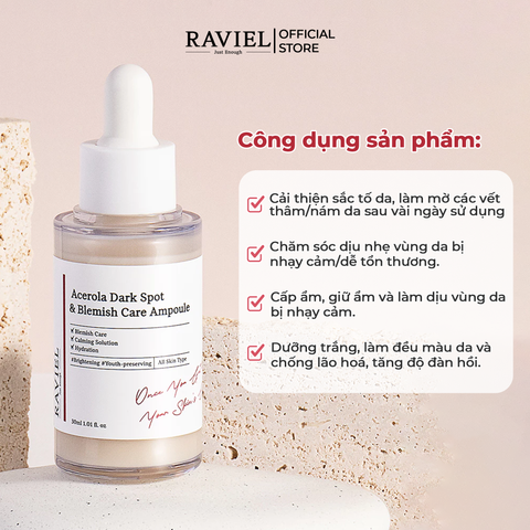 Tinh chất dưỡng trắng trị thâm nám và tái tạo da RAVIEL Acerola Dark Spot & Blemish Care Ampoule 30ml