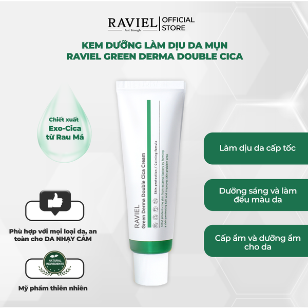 Kem làm dịu và phục hồi da mụn RAVIEL Green Derma Double Cica Cream Skin Protection Calming Fomula 50ml
