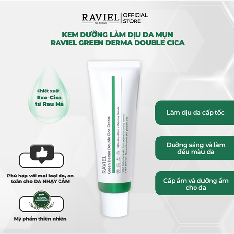 Kem làm dịu và phục hồi da mụn RAVIEL Green Derma Double Cica Cream Skin Protection Calming Fomula 50ml