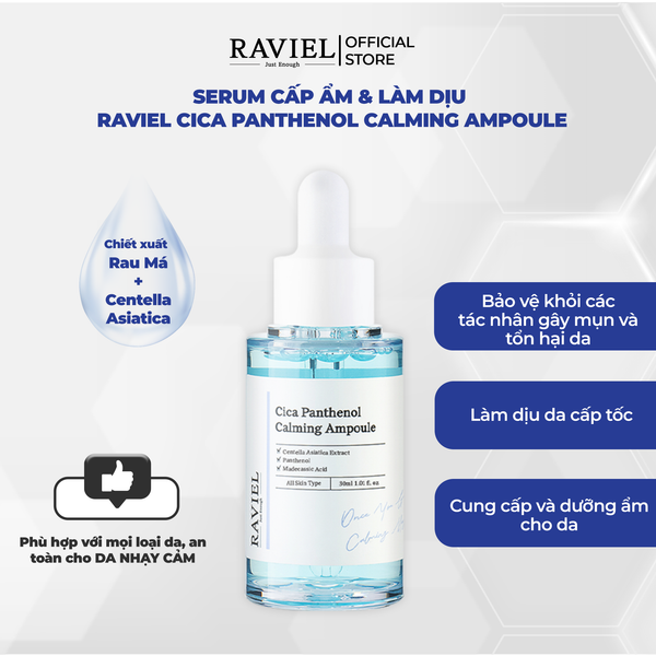 Tinh chất làm dịu, giảm sưng viêm và phục hồi da RAVIEL Cica Panthenol Calming Ampoule 30ml