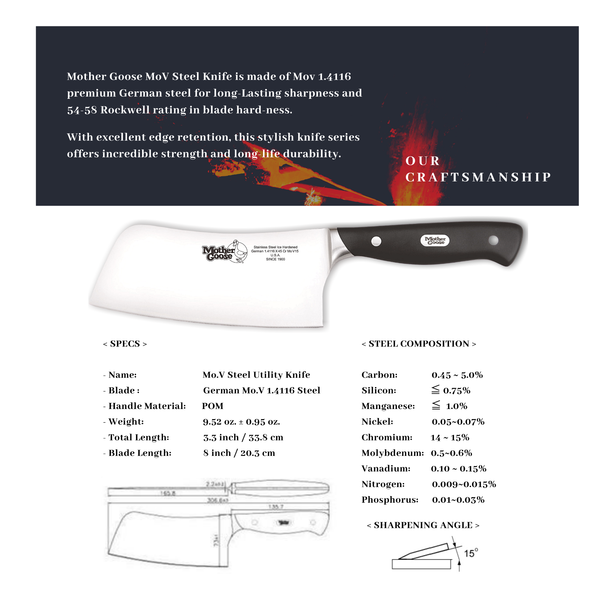  MOV STEEL VEGETABLE CLEAVER 6.5 INCH 