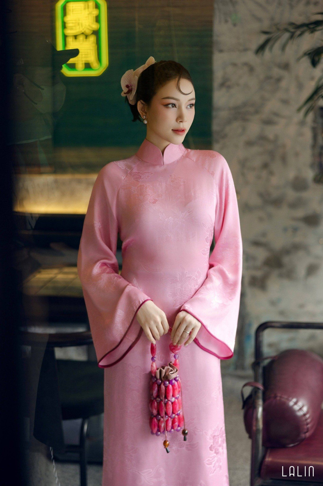 Áo Dài Tơ Tằm Hồng Chi