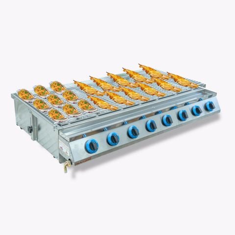 Bếp nướng Gas inox 8 họng dài - Nướng hàu, thịt xiên, hải sản