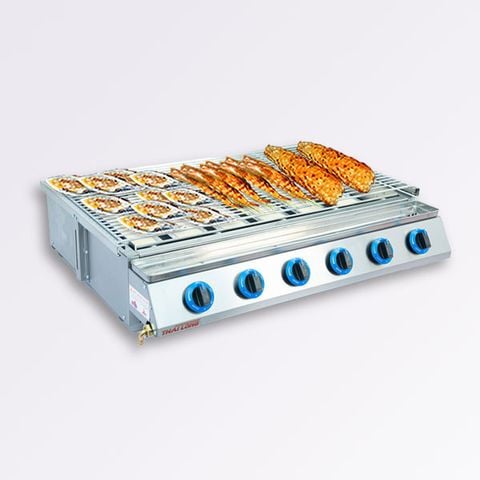 Bếp nướng Gas inox 6 họng dài - Nướng hàu, thịt xiên, hải sản