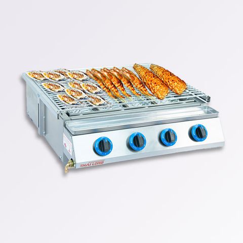Bếp nướng Gas inox 4 họng dài - Nướng hàu, thịt xiên, hải sản